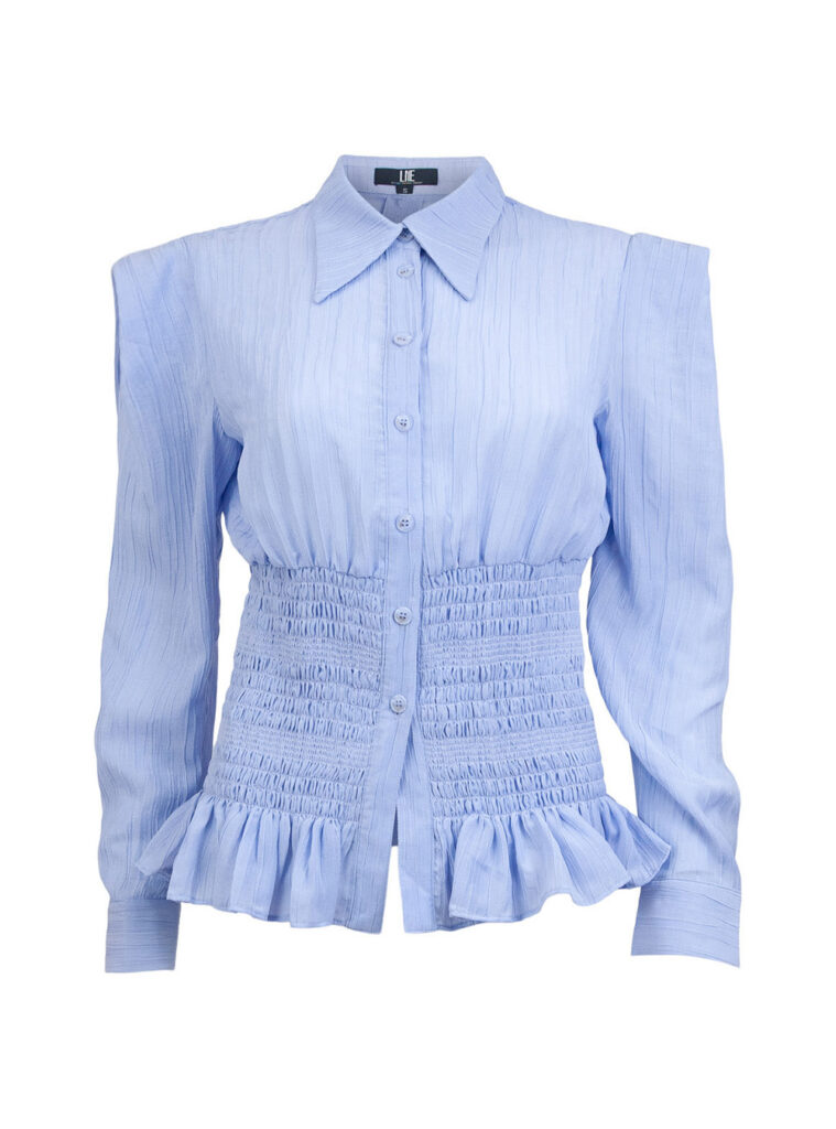 Blue Power Shoulder Shirring Collar Blouse 1