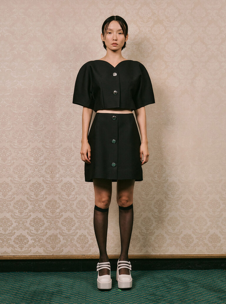 Button Slim Fit Mini Skirt by Korean designer MINJUKIM - societyA