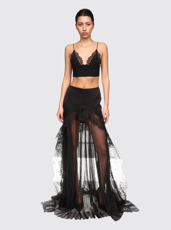 Pleated Tulle And Lace Trim Edge Satin Skirt