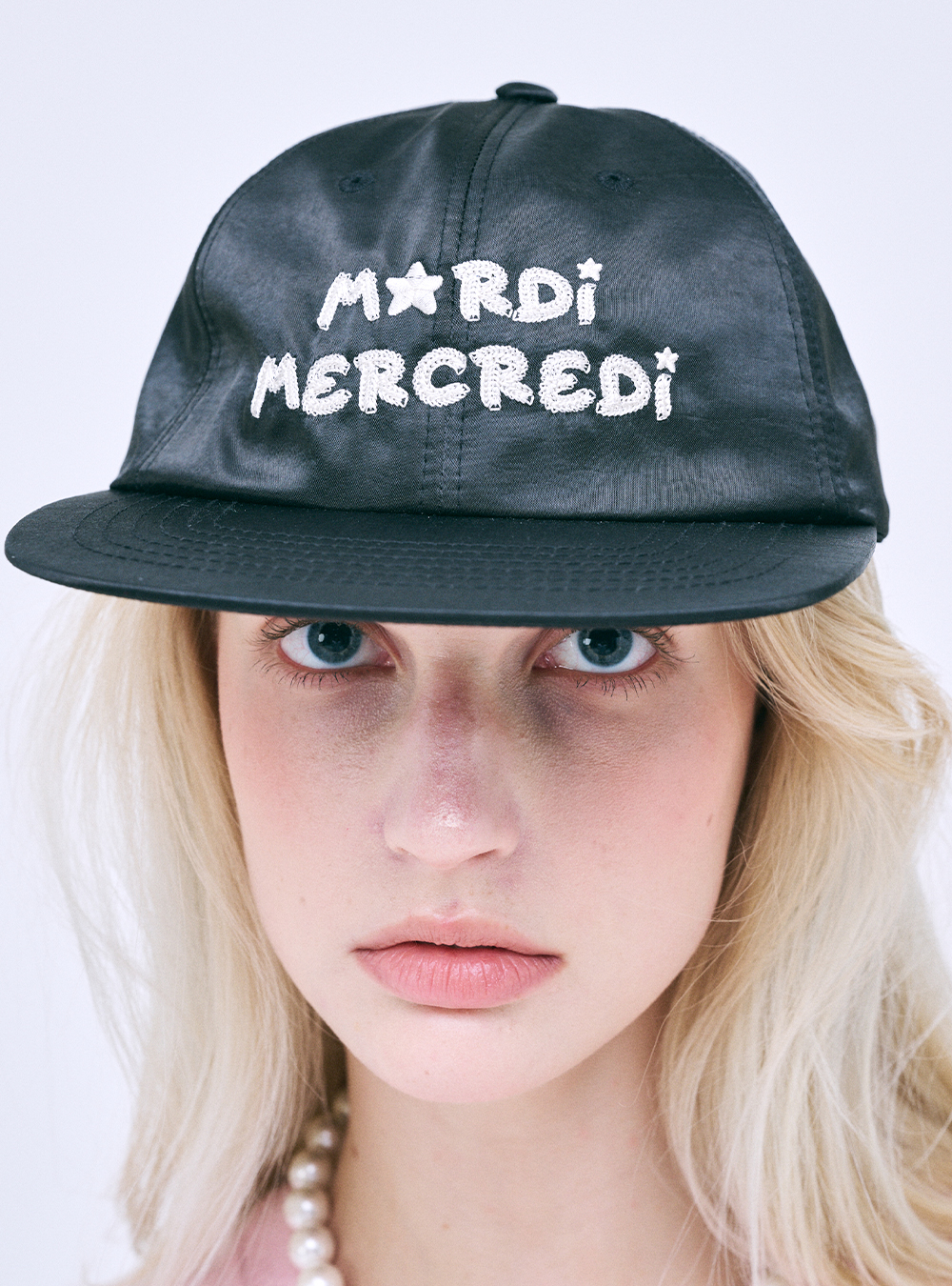 Cap Mardi Star Logo Satin in Black Ivory by Mardi Mercredi - societyA