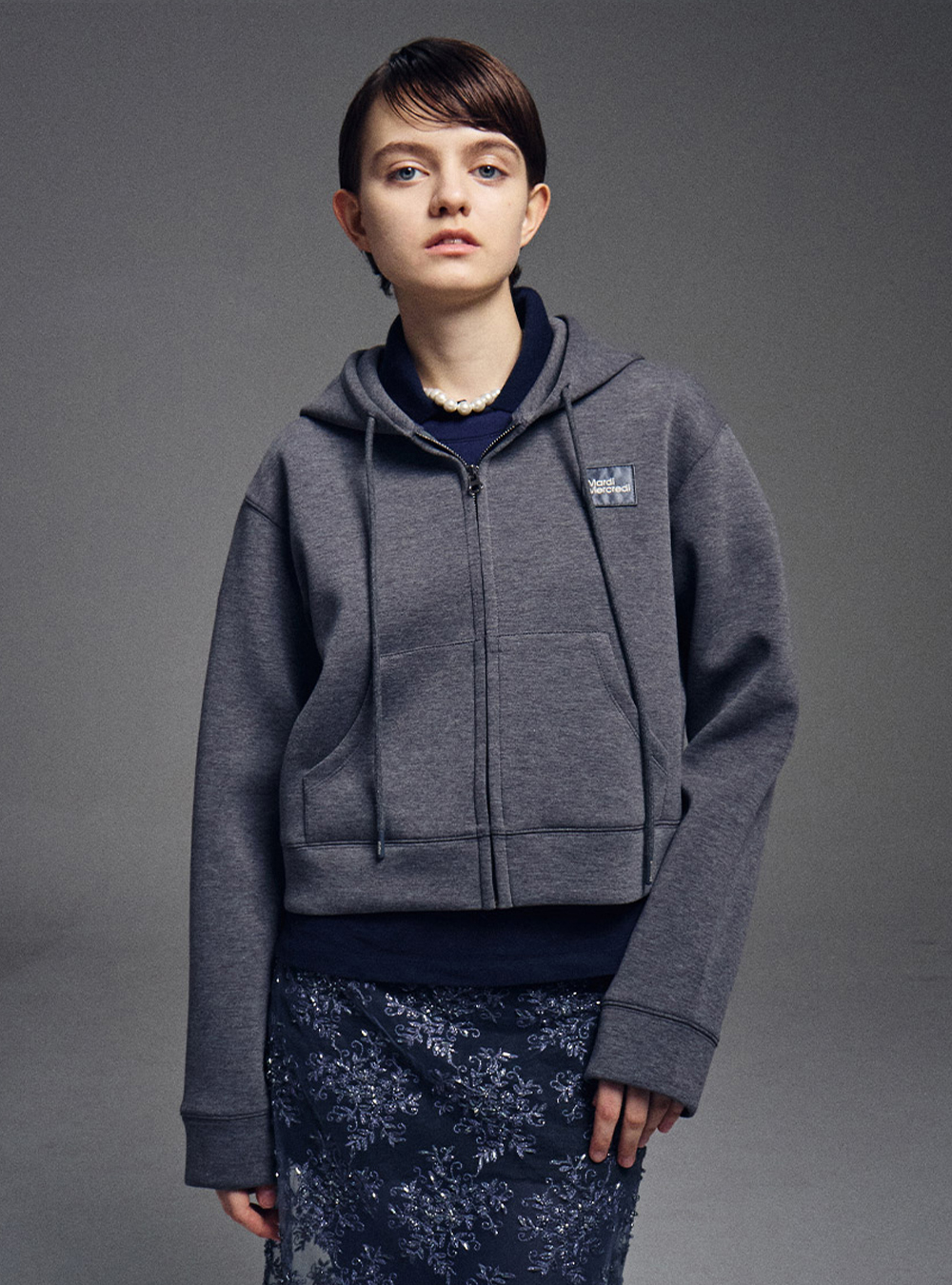 Neoprene Cropped Hoody Zip Up in Charcoal by Mardi Mercredi