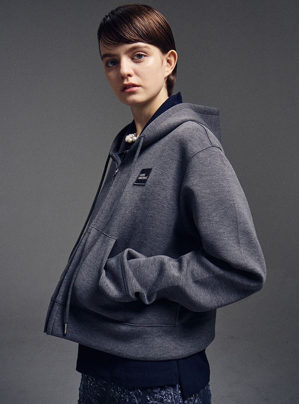 Neoprene Cropped Hoody Zip Up in Charcoal by Mardi Mercredi