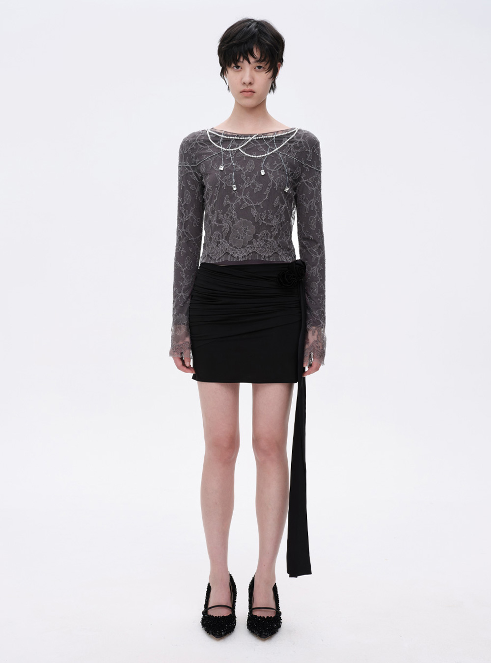 Apron Tied Black Lace Georgette Layering Skirt by Louis
