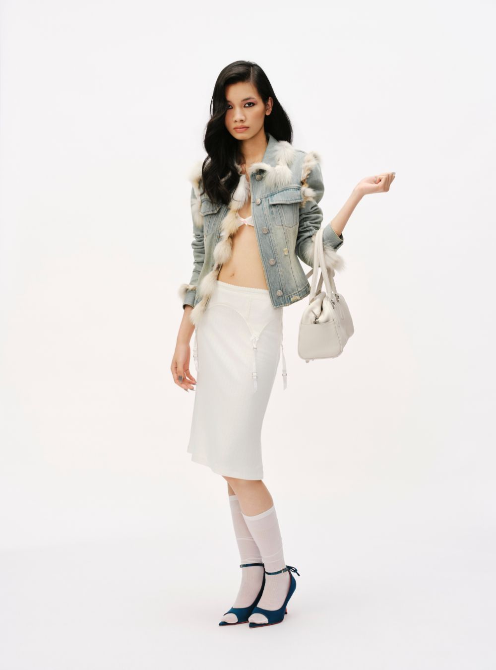 Mark Gong Fox Fur Trim Denim Jacket, styled on model