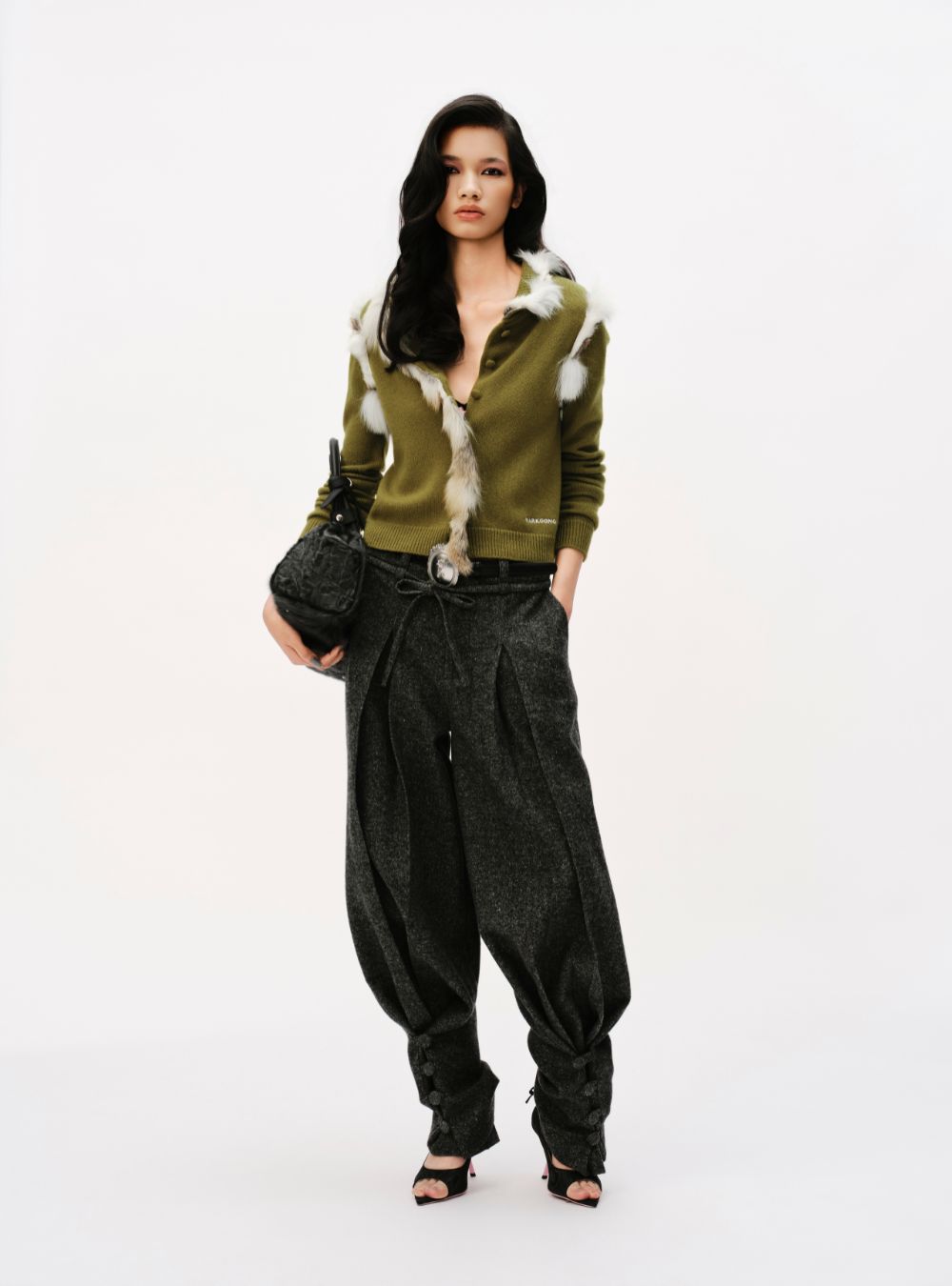 Mark Gong Green Fox Fur Trim Knit Cardigan, styled on model